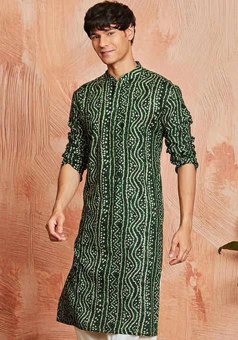 Green Bandhani Print Poly Blend Kurta For Men