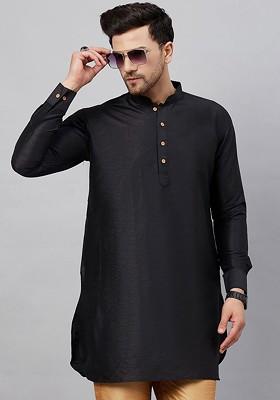 Black Solid Silk Kurta For Men