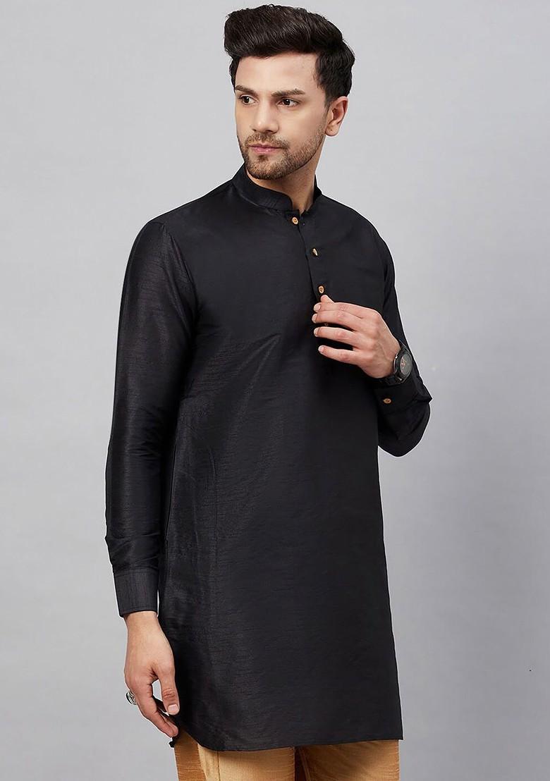 Black Solid Silk Kurta For Men