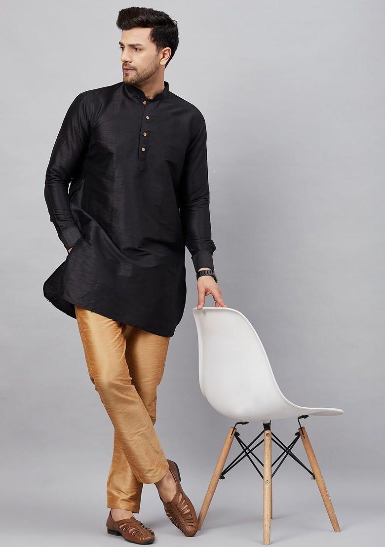 Black Solid Silk Kurta For Men