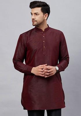 Burgundy Solid Poly Blend Kurta For Men