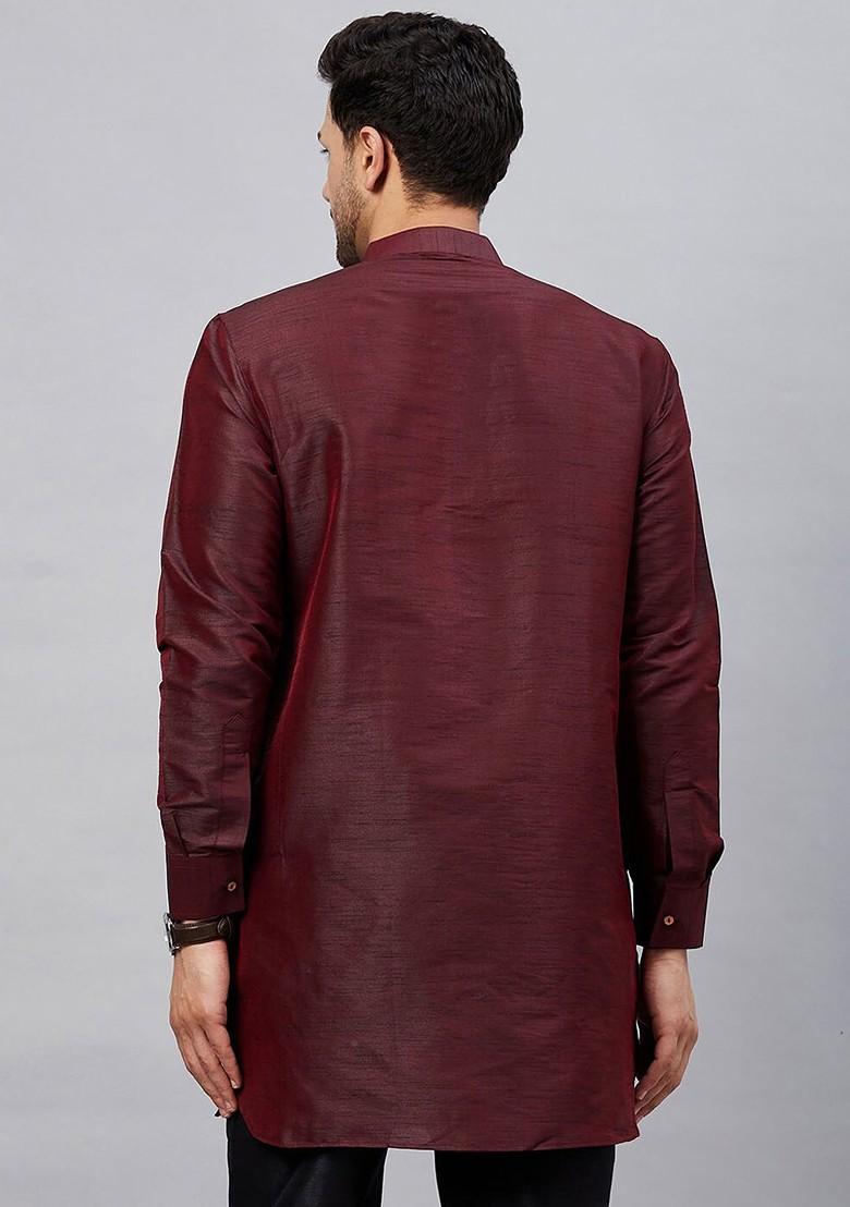 Burgundy Solid Poly Blend Kurta For Men