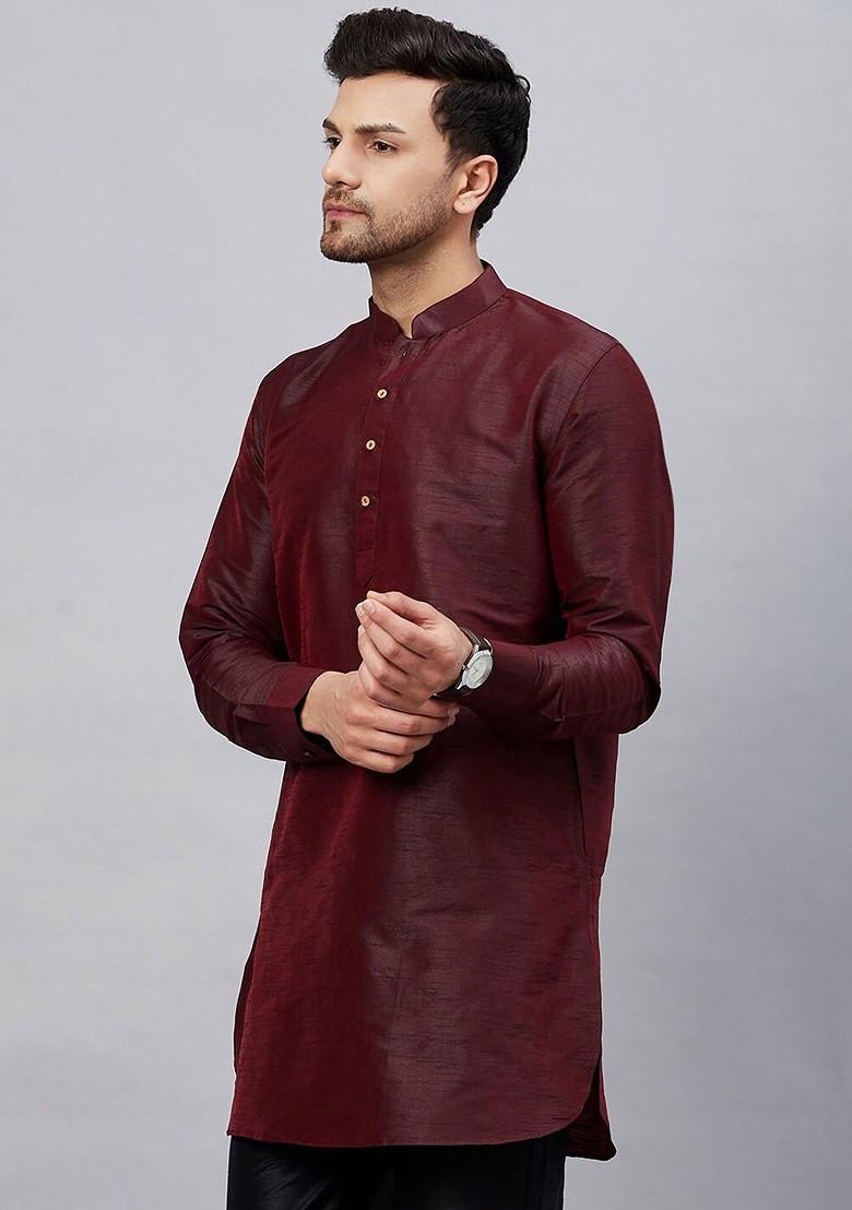 Burgundy Solid Poly Blend Kurta For Men