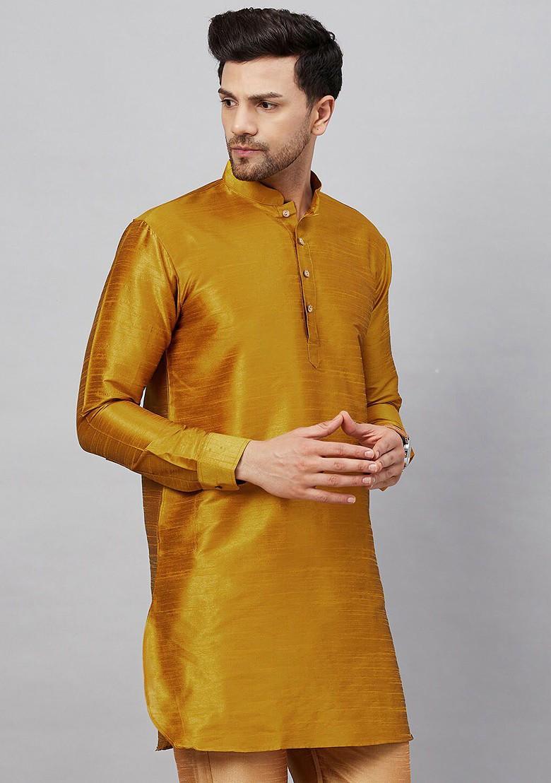 Mustard Solid Poly Blend Kurta For Men