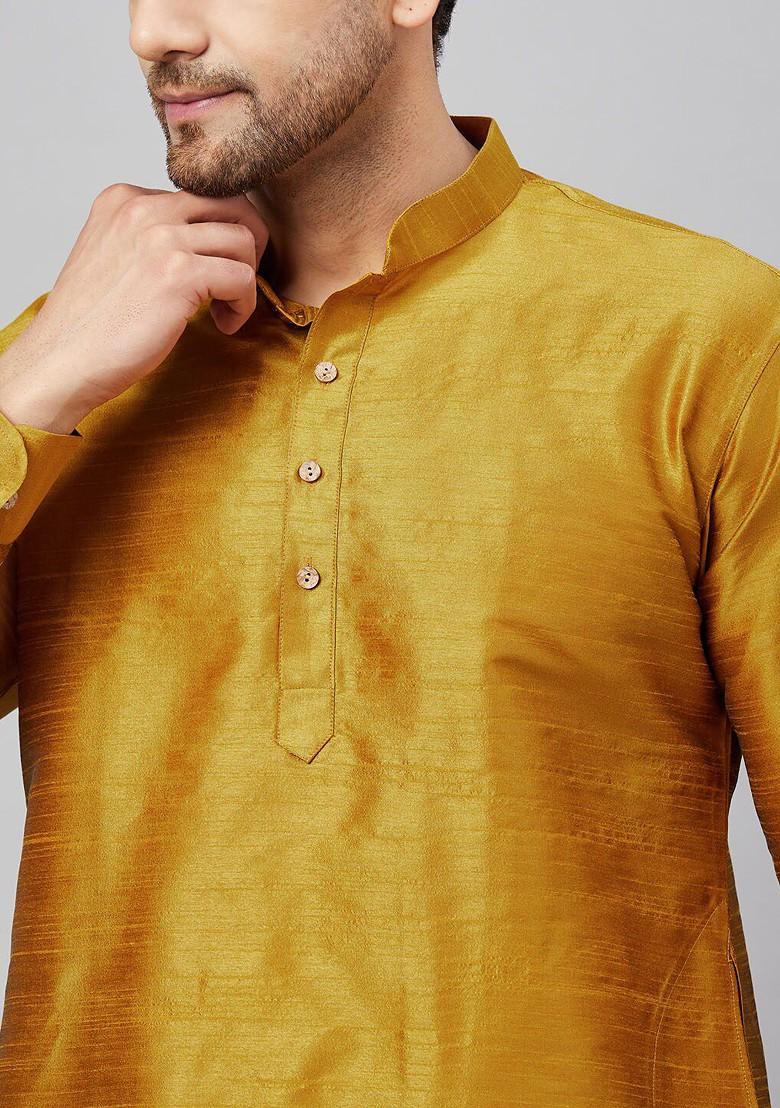 Mustard Solid Poly Blend Kurta For Men