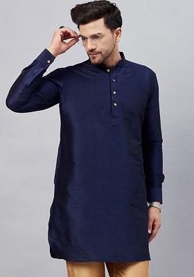 Navy Blue Solid Poly Blend Kurta For Men
