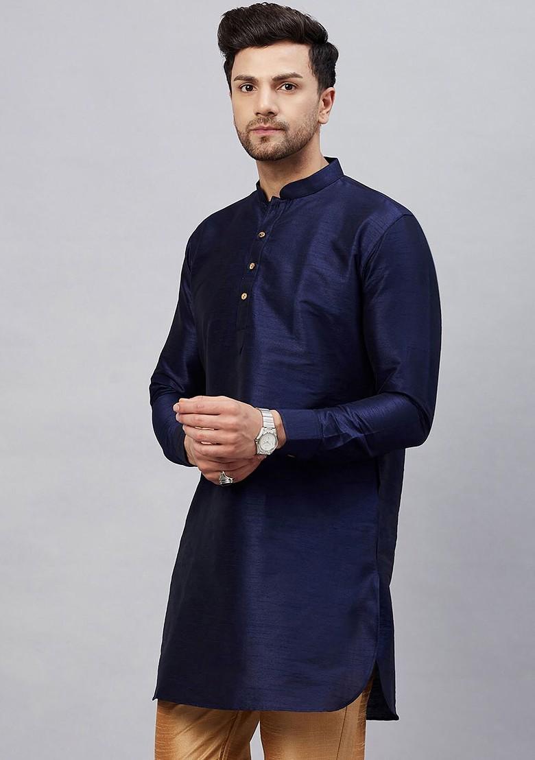 Navy Blue Solid Poly Blend Kurta For Men