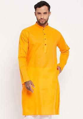 Orange Solid Cotton Kurta For Men