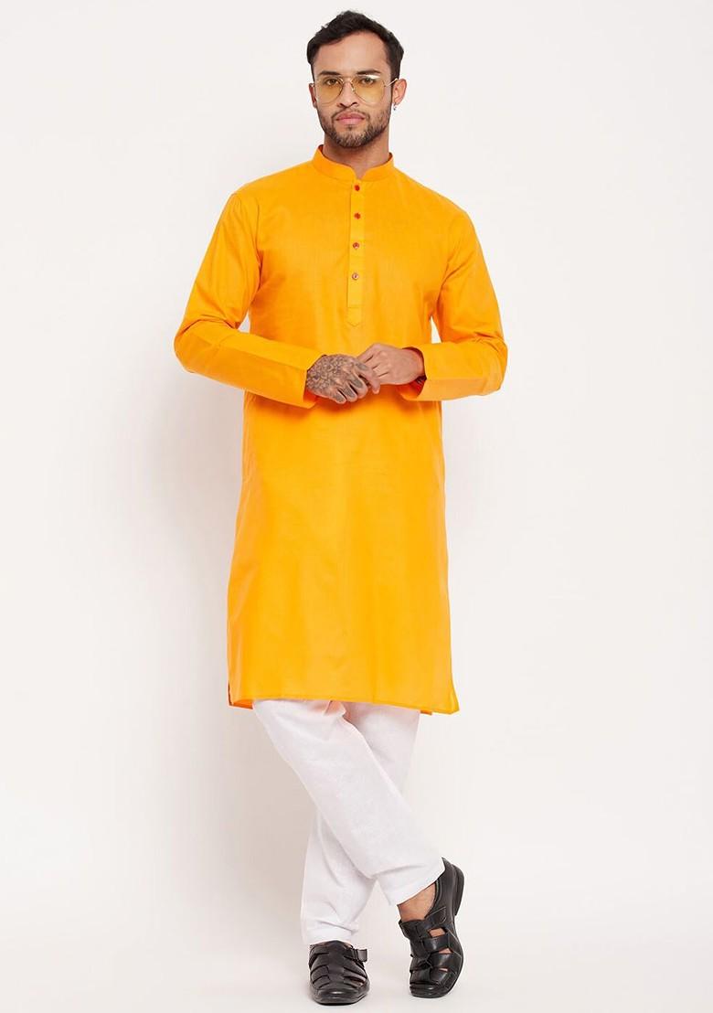 Orange Solid Cotton Kurta For Men