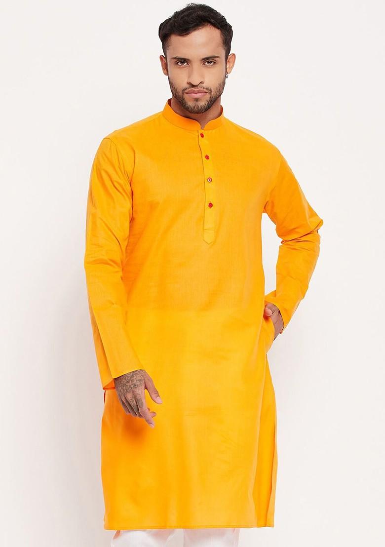 Orange Solid Cotton Kurta For Men