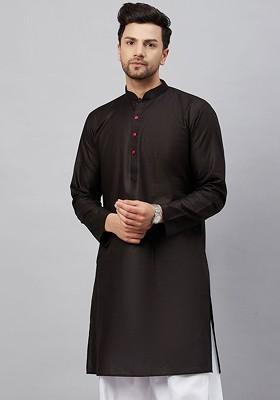 Black Solid Cotton Kurta For Men