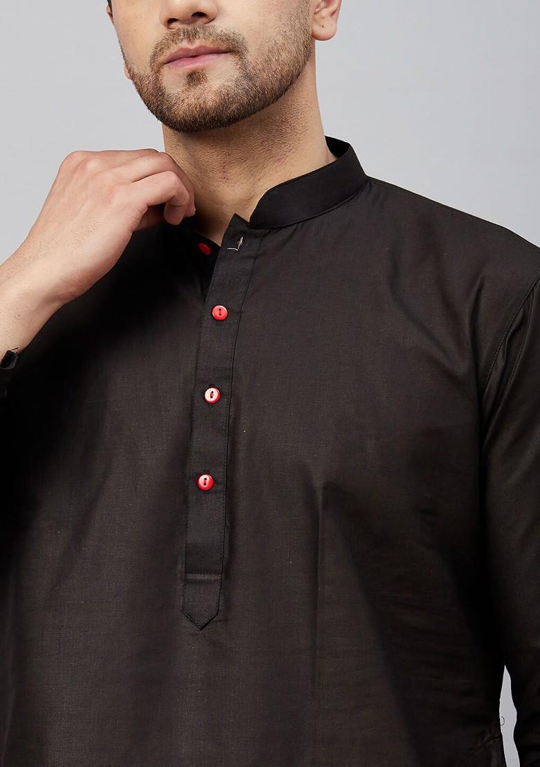 Black Solid Cotton Kurta For Men