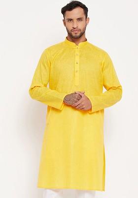 Yellow Solid Poly Blend Kurta For Men