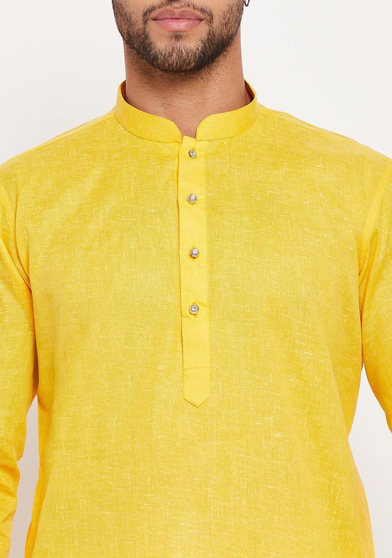 Yellow Solid Poly Blend Kurta For Men