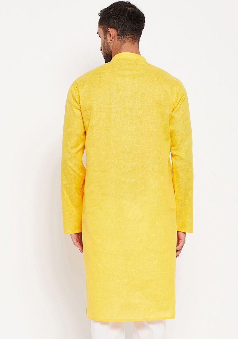 Yellow Solid Poly Blend Kurta For Men