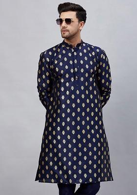 Navy Blue Ethnic Motifs Poly Blend Kurta For Men