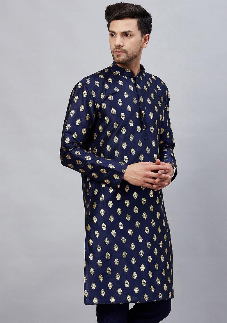 Navy Blue Ethnic Motifs Poly Blend Kurta For Men