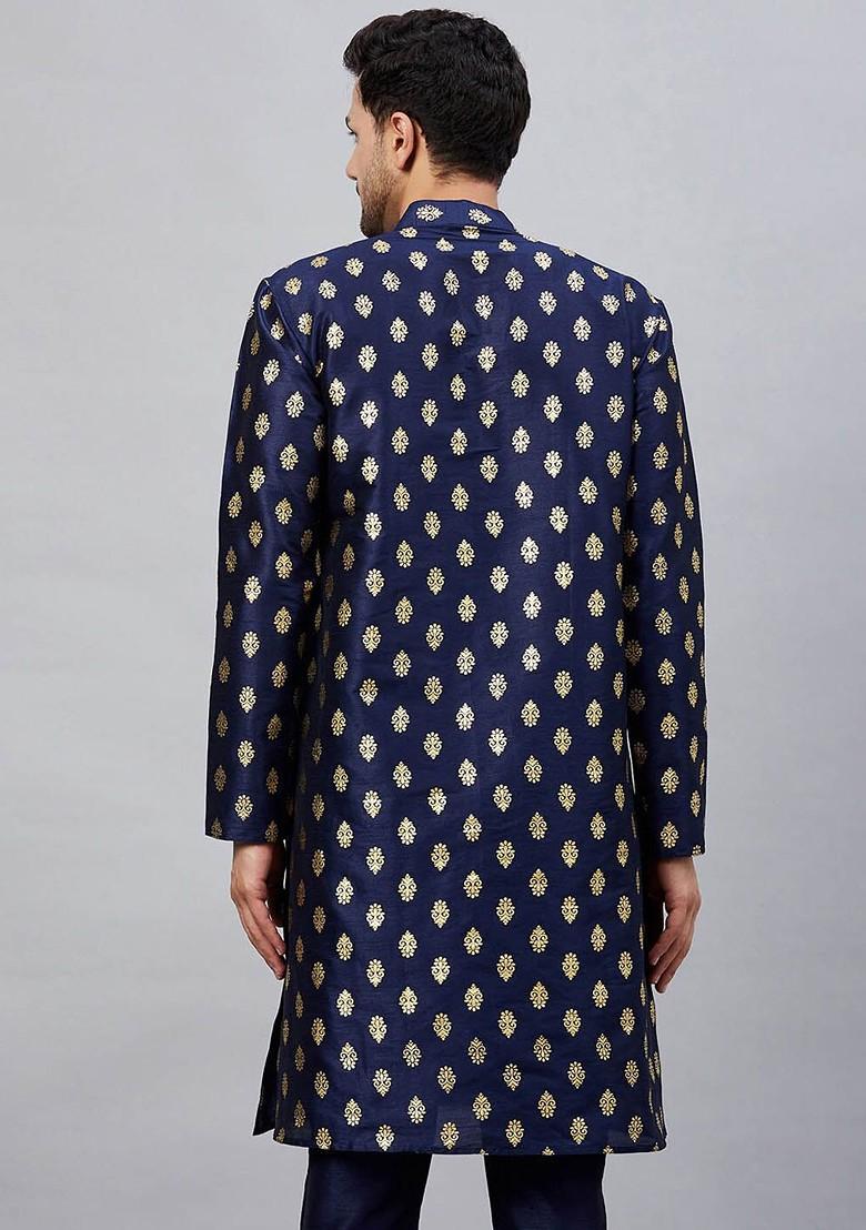 Navy Blue Ethnic Motifs Poly Blend Kurta For Men