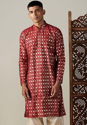 Maroon Ethnic Motifs Poly Blend Kurta For Men