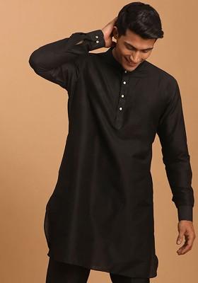 Black Solid Poly Blend Kurta For Men