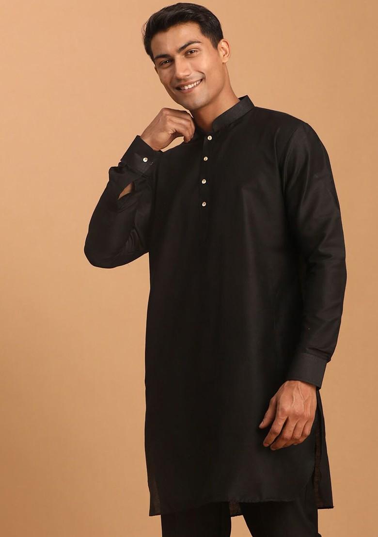 Black Solid Poly Blend Kurta For Men