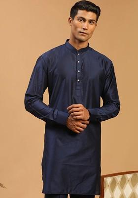 Navy Blue Solid Poly Blend Kurta For Men