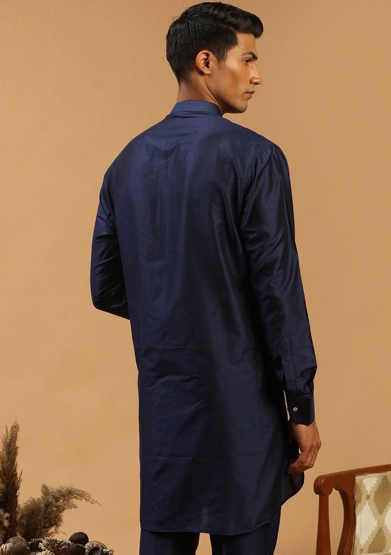 Navy Blue Solid Poly Blend Kurta For Men
