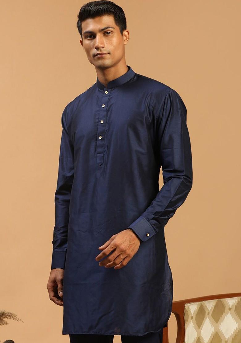 Navy Blue Solid Poly Blend Kurta For Men