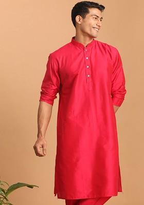 Red Solid Poly Blend Kurta For Men