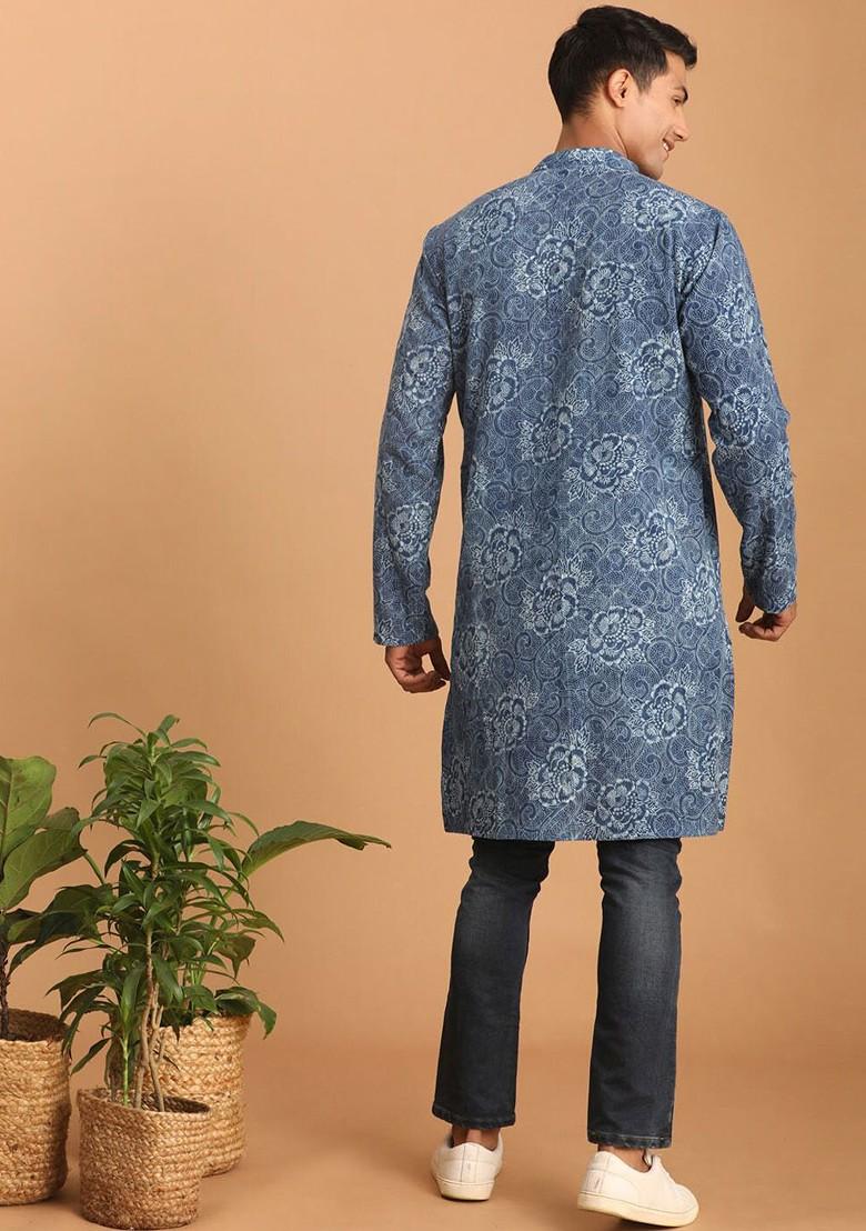 Blue Floral Print Cotton Kurta For Men