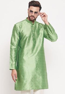 Green Ethnic Motifs Jacquard Kurta For Men