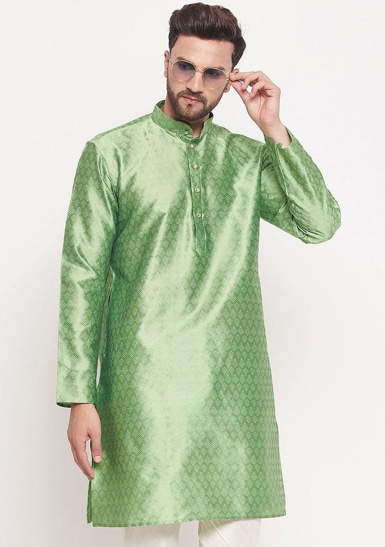 Green Ethnic Motifs Jacquard Kurta For Men