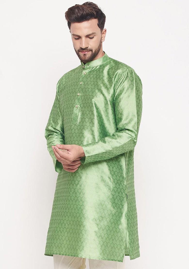 Green Ethnic Motifs Jacquard Kurta For Men