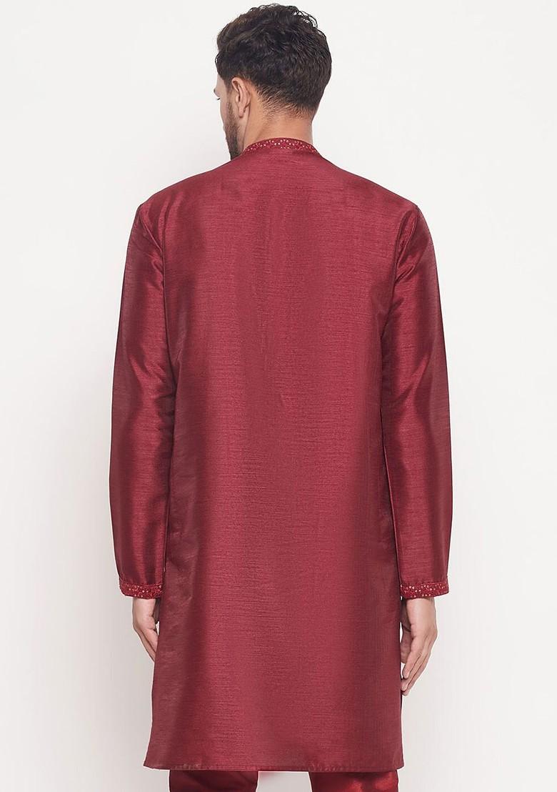 Maroon Embroidered Jacquard Kurta For Men