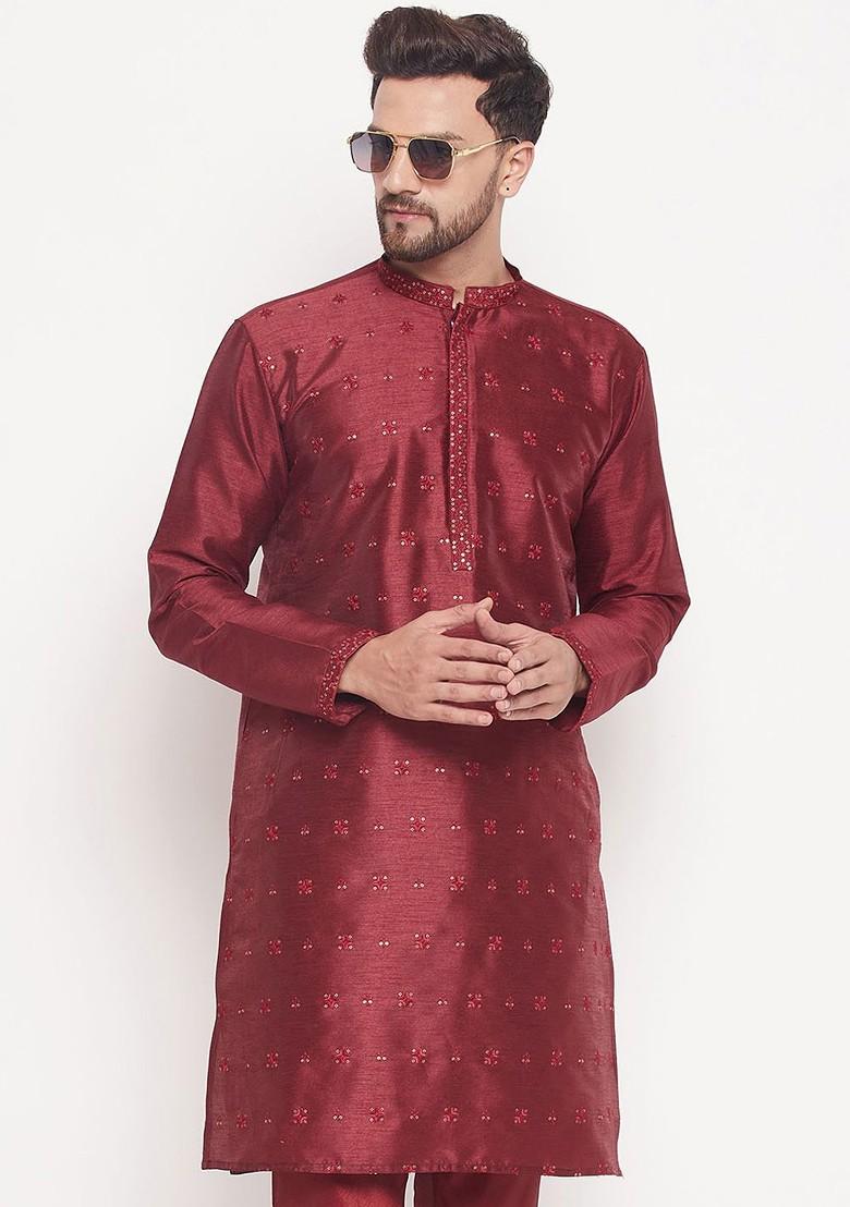Maroon Embroidered Jacquard Kurta For Men