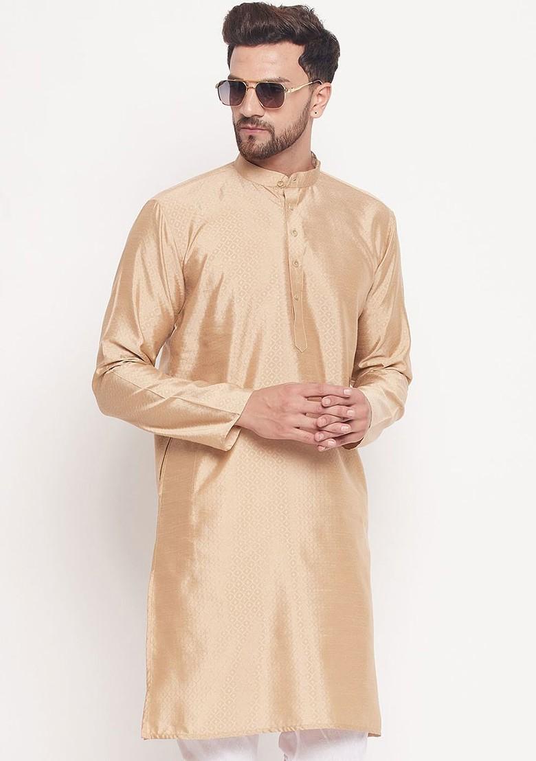Beige Woven Jacquard Kurta For Men