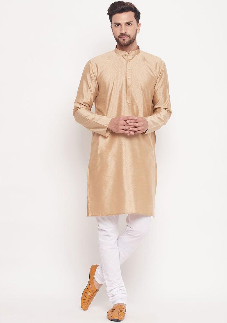 Beige Woven Jacquard Kurta For Men