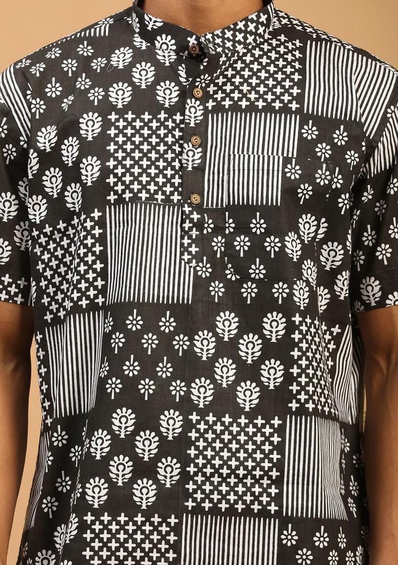 Black Floral Print Cotton Kurta For Men