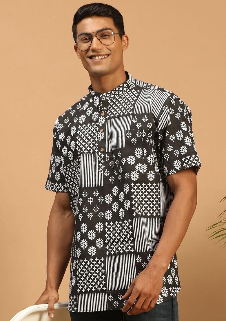 Black Floral Print Cotton Kurta For Men