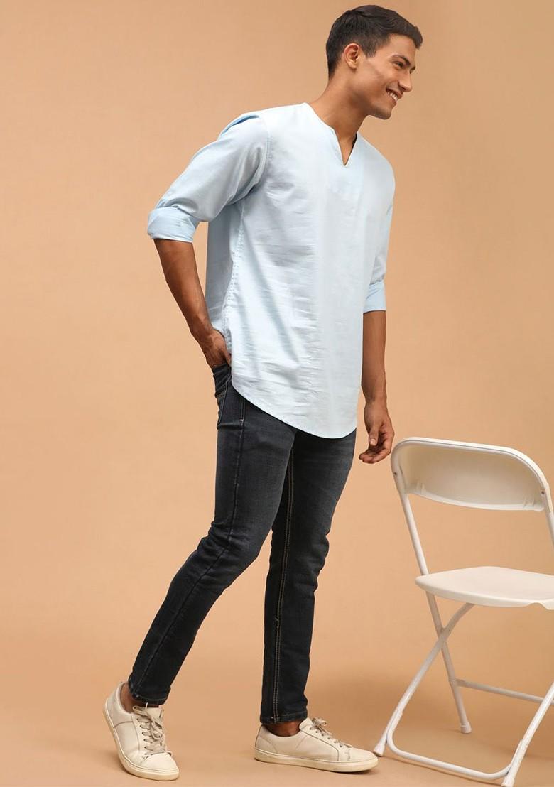 Blue Solid Poly Blend Kurta For Men