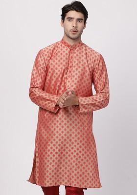 Pink Ethnic Motifs Poly Blend Kurta For Men