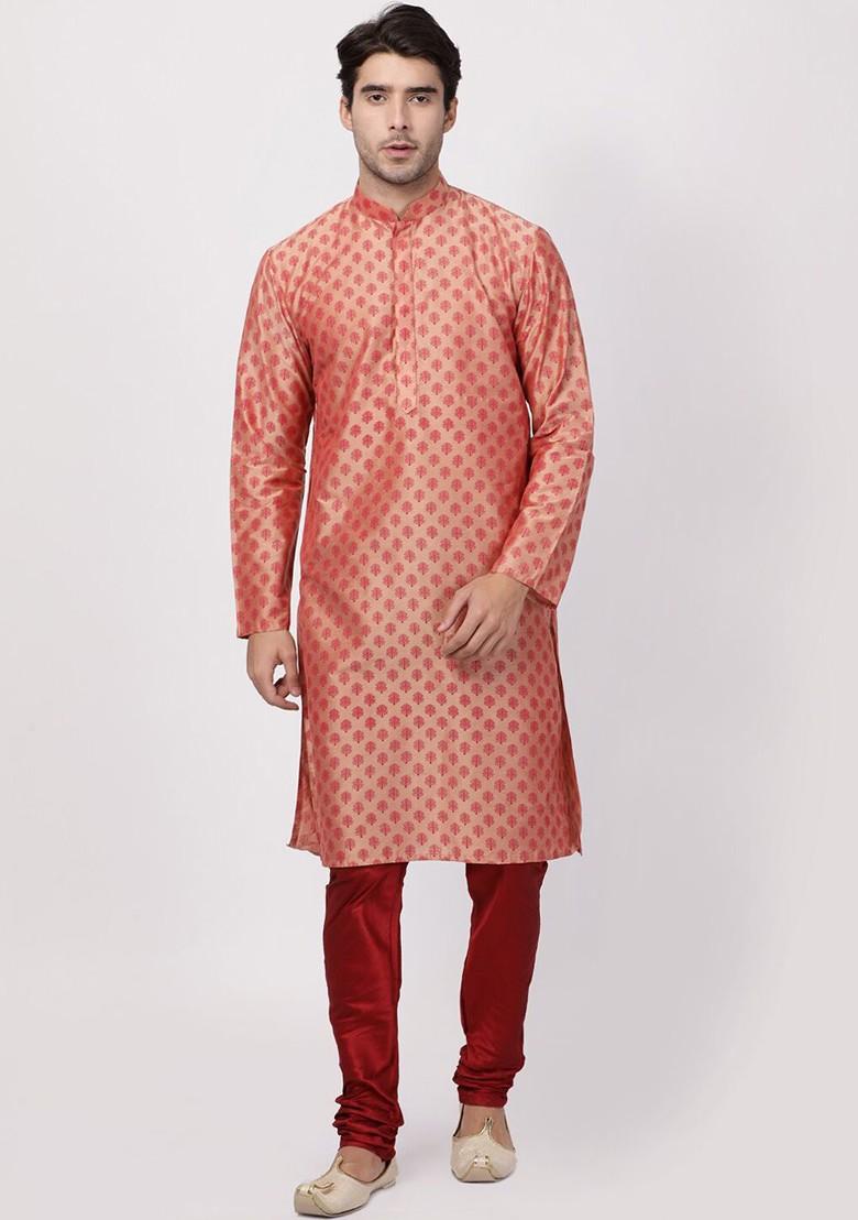 Pink Ethnic Motifs Poly Blend Kurta For Men