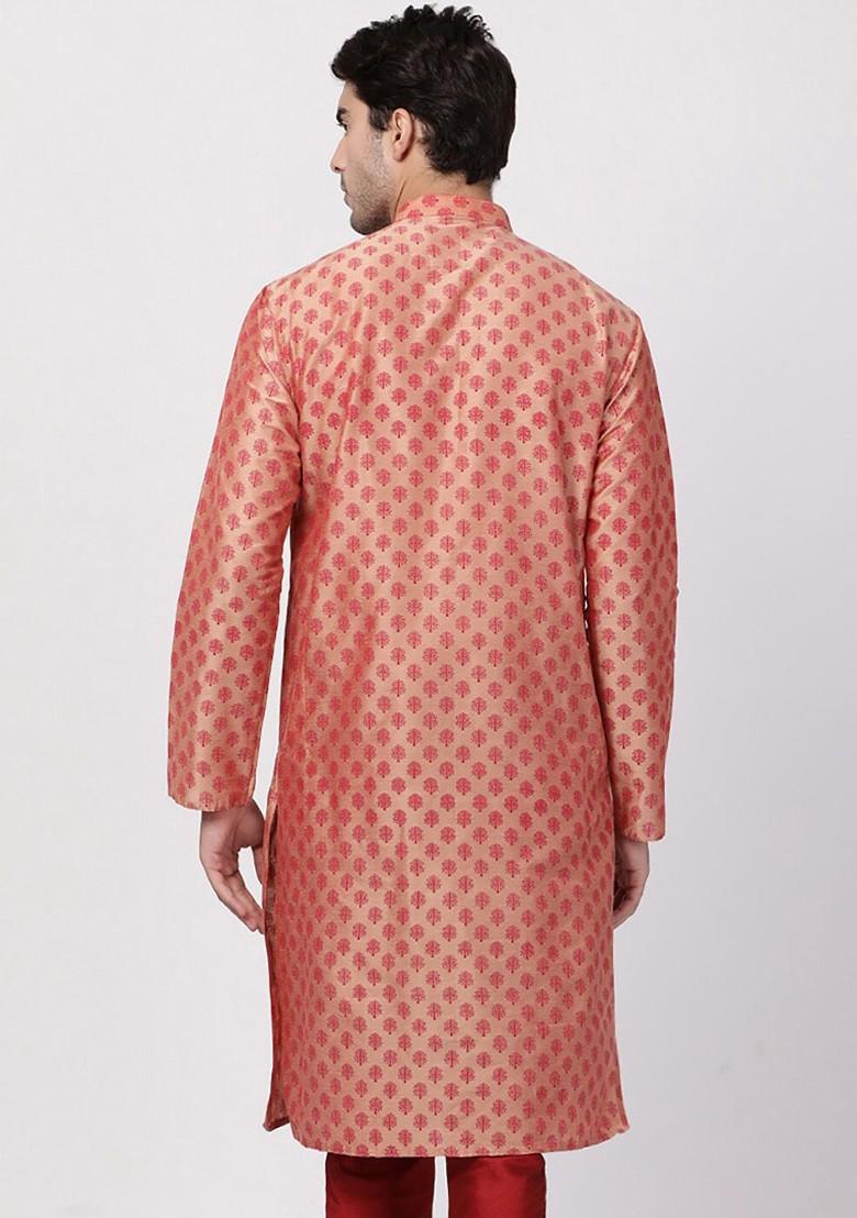 Pink Ethnic Motifs Poly Blend Kurta For Men