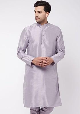 Lavender Solid Poly Blend Kurta For Men