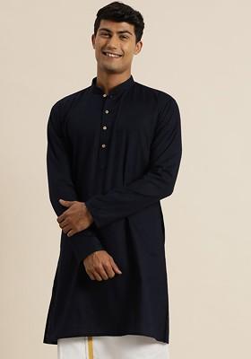 Navy Blue Solid Cotton Kurta For Men