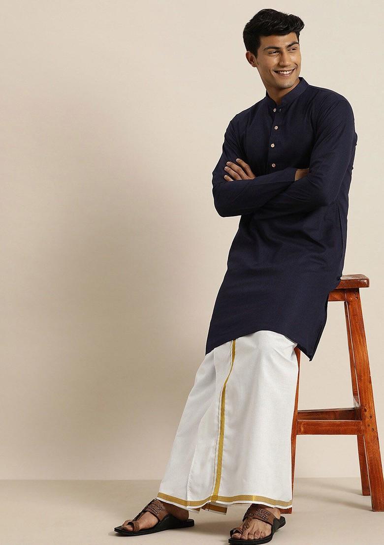 Navy Blue Solid Cotton Kurta For Men