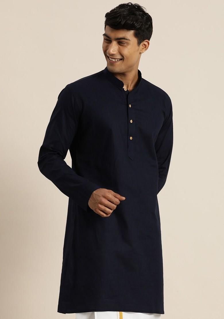 Navy Blue Solid Cotton Kurta For Men