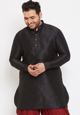 Black Solid Silk Kurta For Men