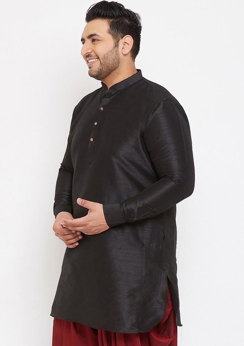 Black Solid Silk Kurta For Men
