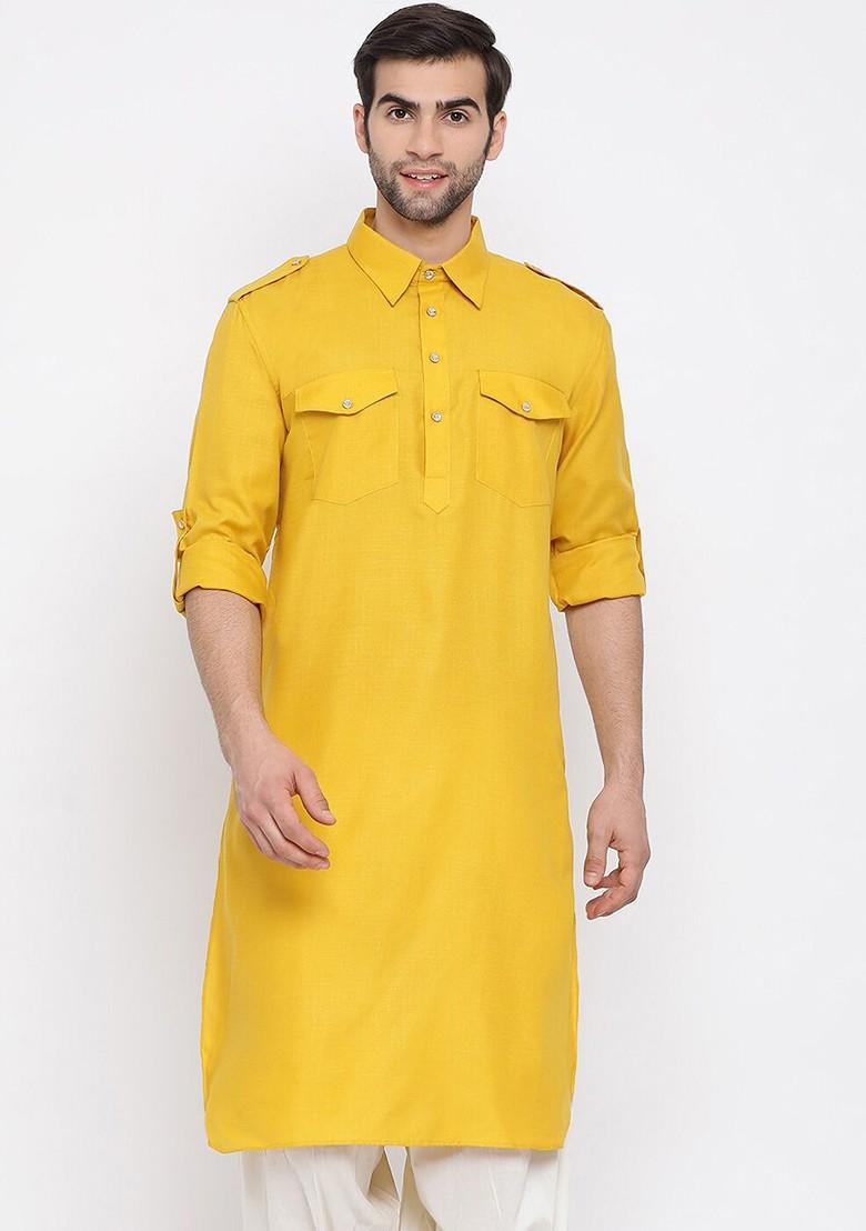 Mustard Solid Pathani Kurta For Men